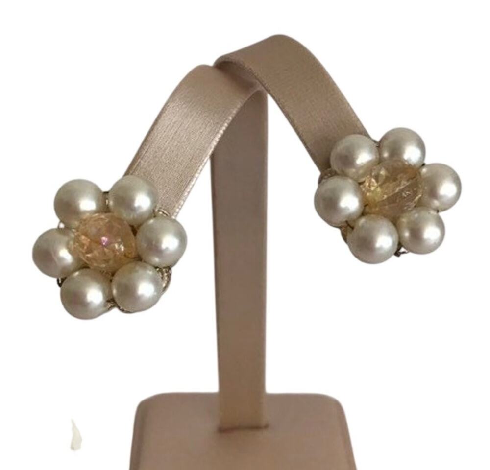 Vintage Mid Century Clip On Earrings Classic White Imitation Pearl Bead Clusters
